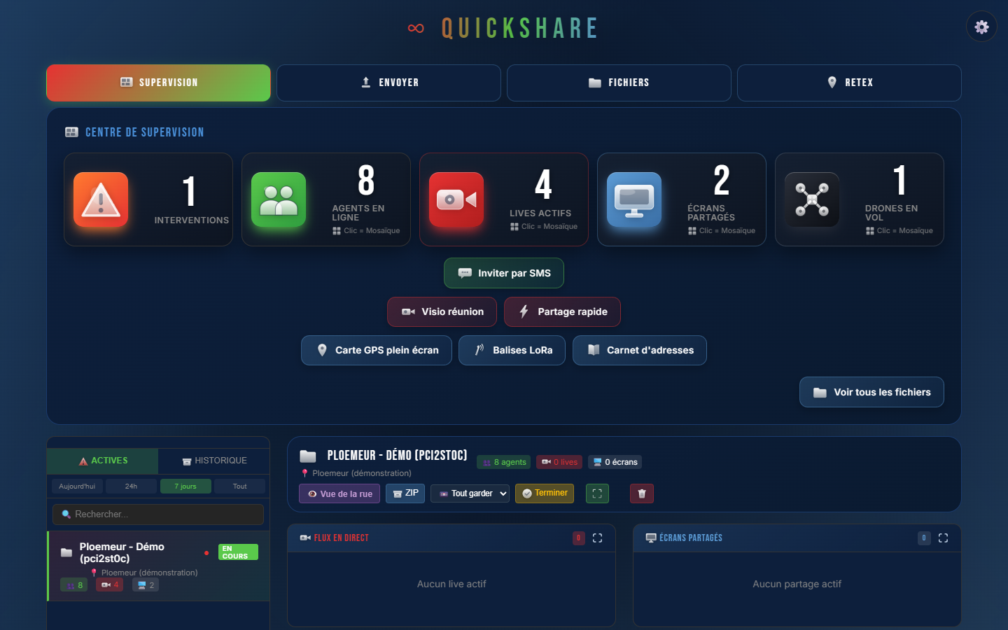 Centre de supervision ∞ QuickShare : agents, caméras et écrans en direct
