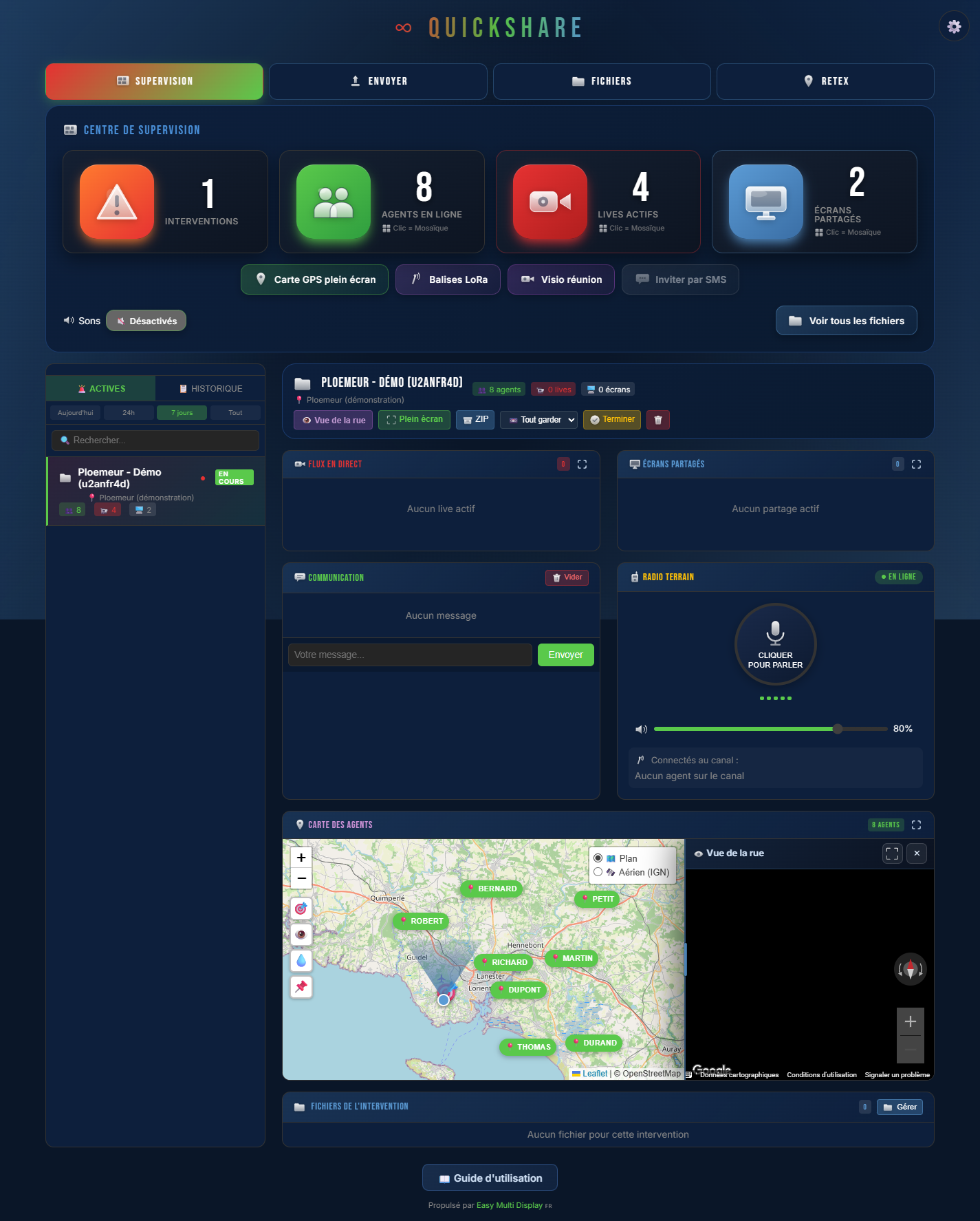 Vue dispatcher : mosaïque des flux et carte de l'intervention