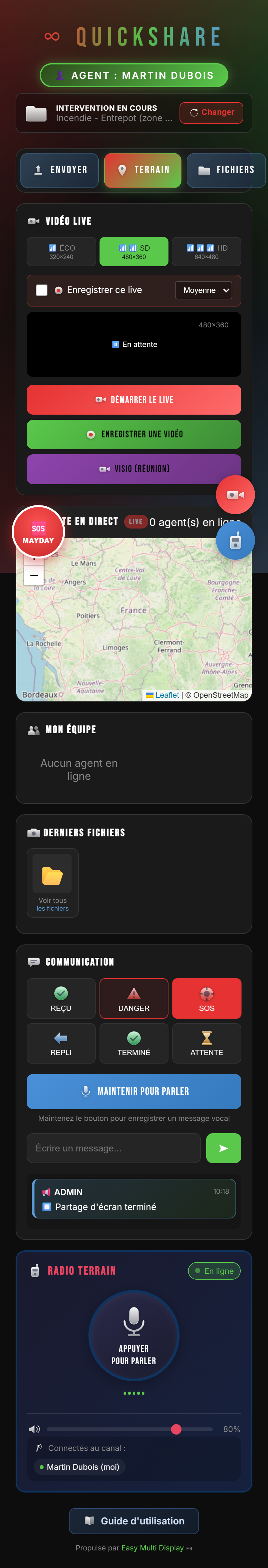 Vue terrain de l'agent : vidéo, carte, messages et radio