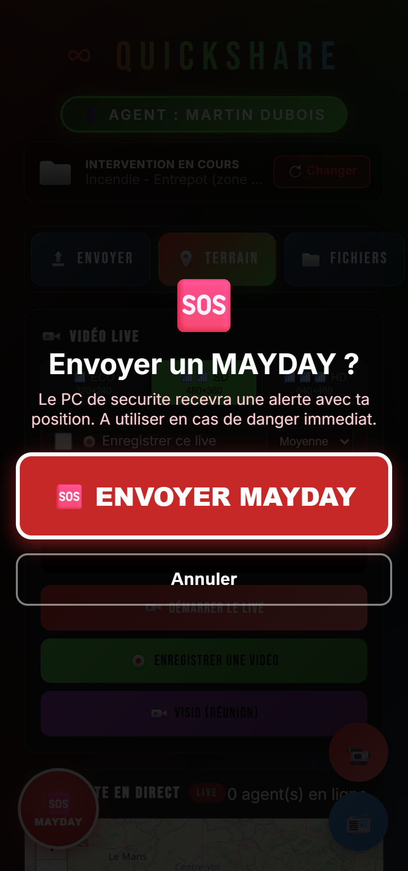 Écran d'alerte MAYDAY côté agent