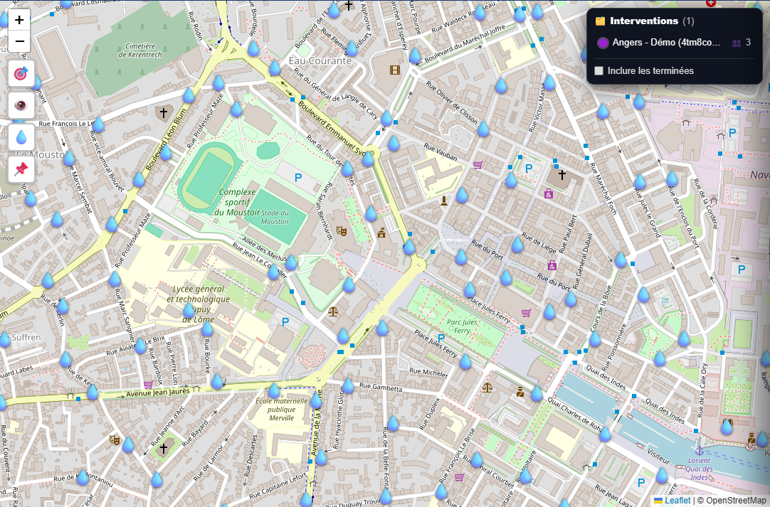 Points d'eau et bornes incendie sur la carte