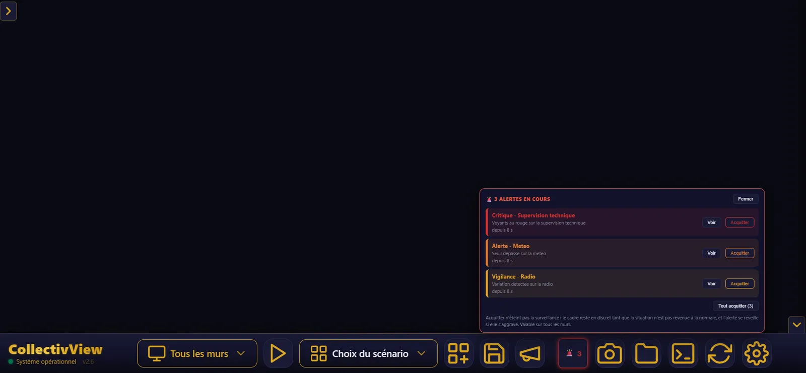 List of active alerts in CollectivView, each with a View button and an Acknowledge button, plus an Acknowledge all button