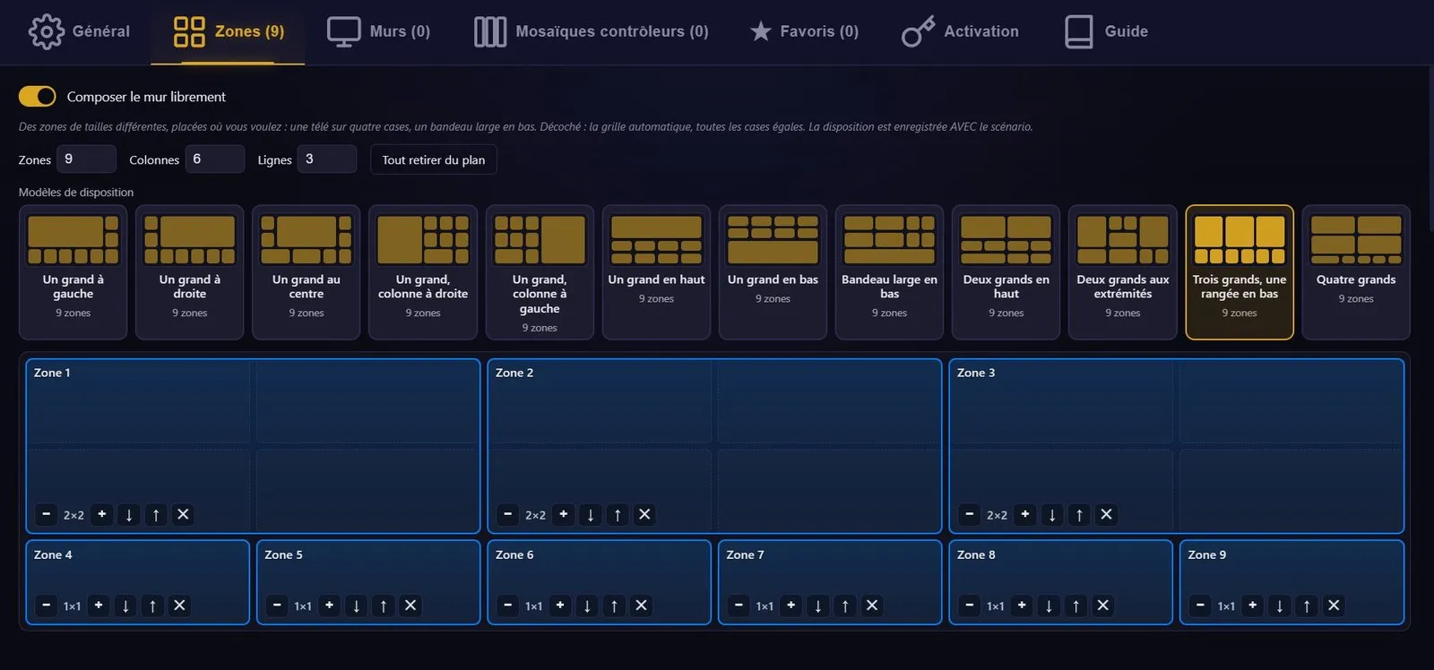 CollectivView's Compose the wall freely panel: the twelve layout templates shown as thumbnails and a nine-zone plan