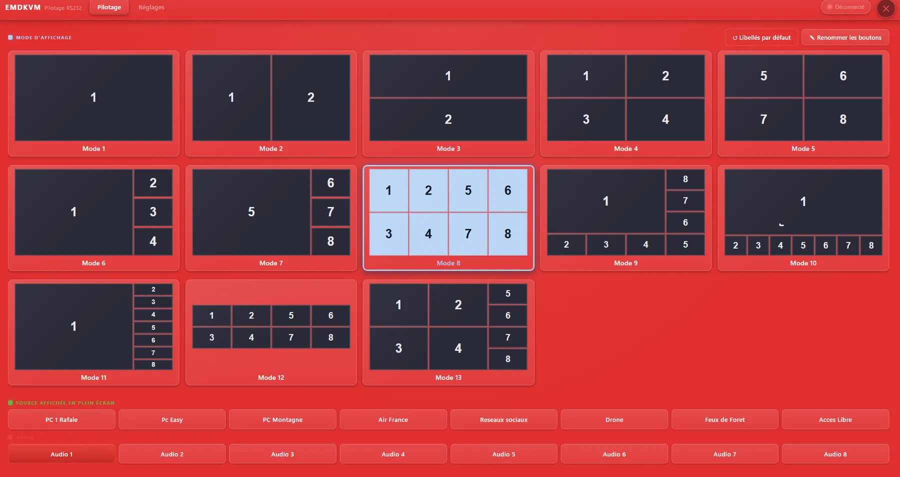 The thirteen display modes of the Multiprise HDMI, picked with one finger on the touchscreen