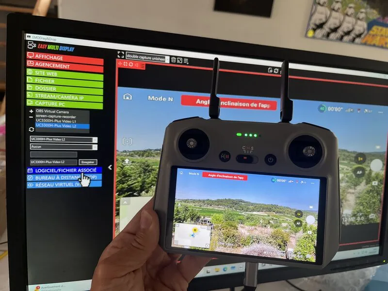 Flux vidéo de drone affiché en salle de contrôle via l'écosystème Easy Multi Display