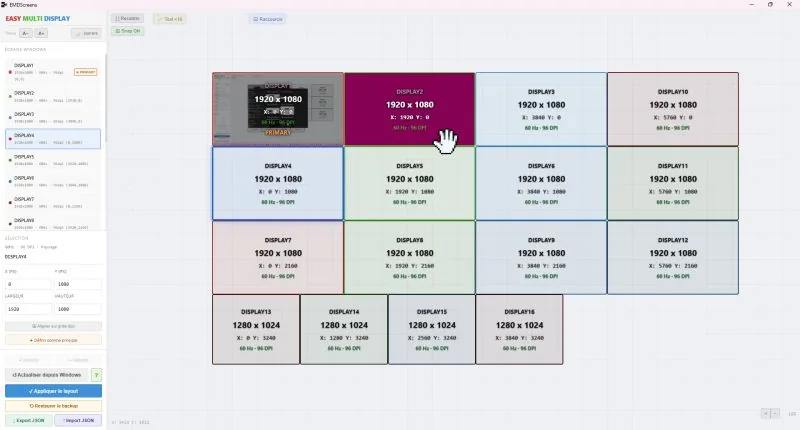 Interface EMDScreens : canvas interactif de configuration d'un mur de 16 écrans avec résolutions et positions
