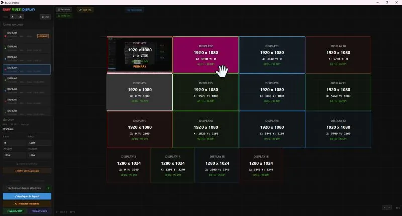 EMDScreens em tema escuro: o mesmo mural de 16 ecrãs, pensado para as salas de controlo