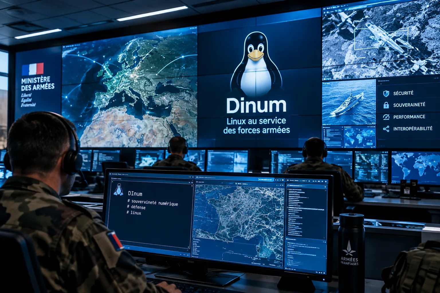 Sala de comando das forças armadas: militares diante de um mural de imagens com Linux, com o pinguim Tux e o Dinum no ecrã