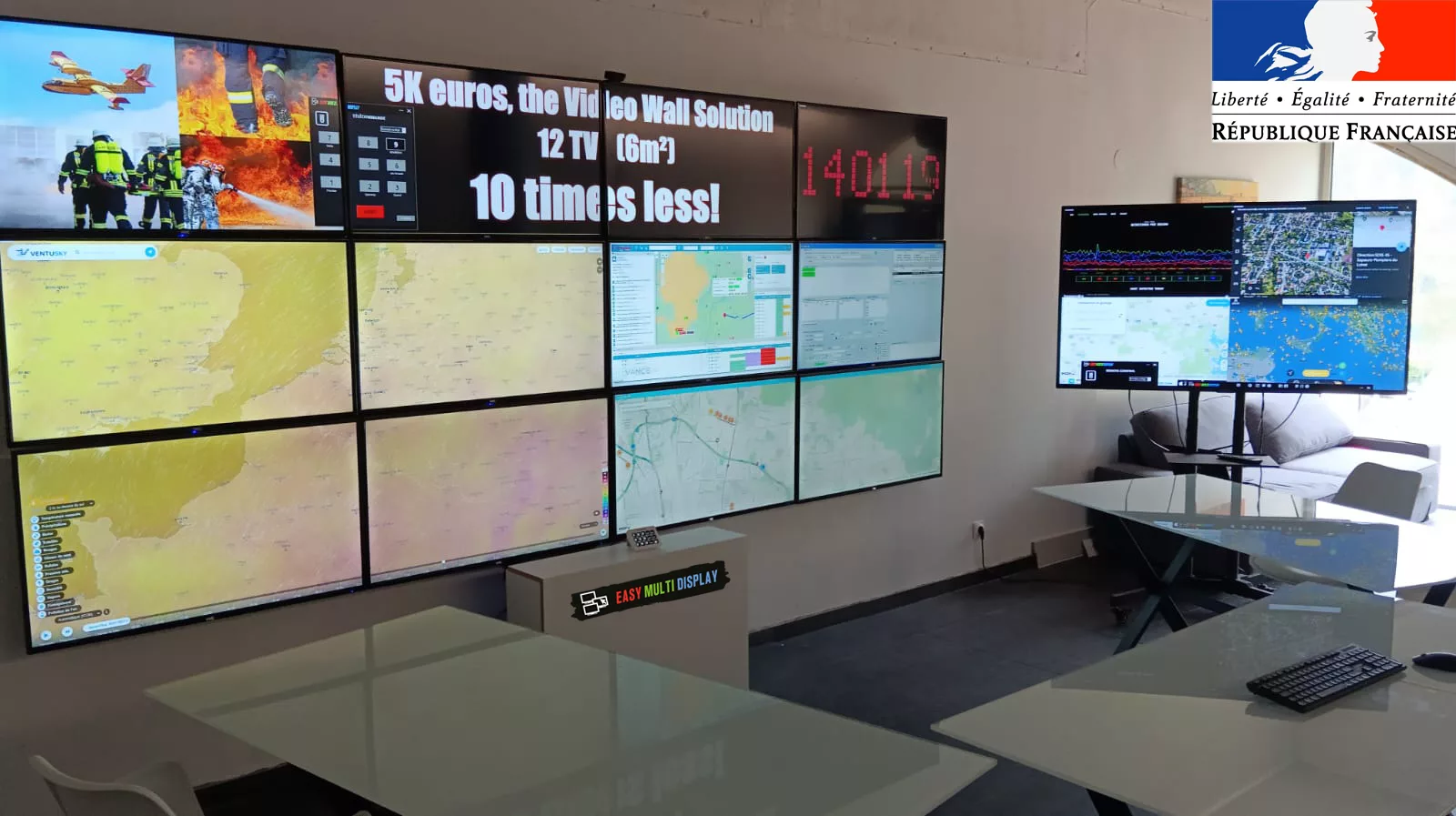 Centre Opérationnel Départemental équipé d'un mur d'images pour la gestion de crise SDIS