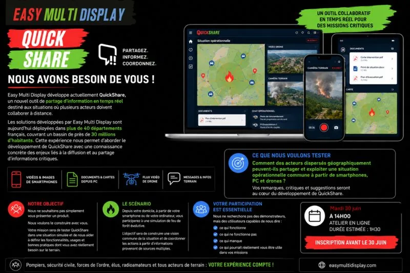 Présentation de QuickShare, le lien direct entre la salle de contrôle et le terrain, lors d'un atelier de co-création
