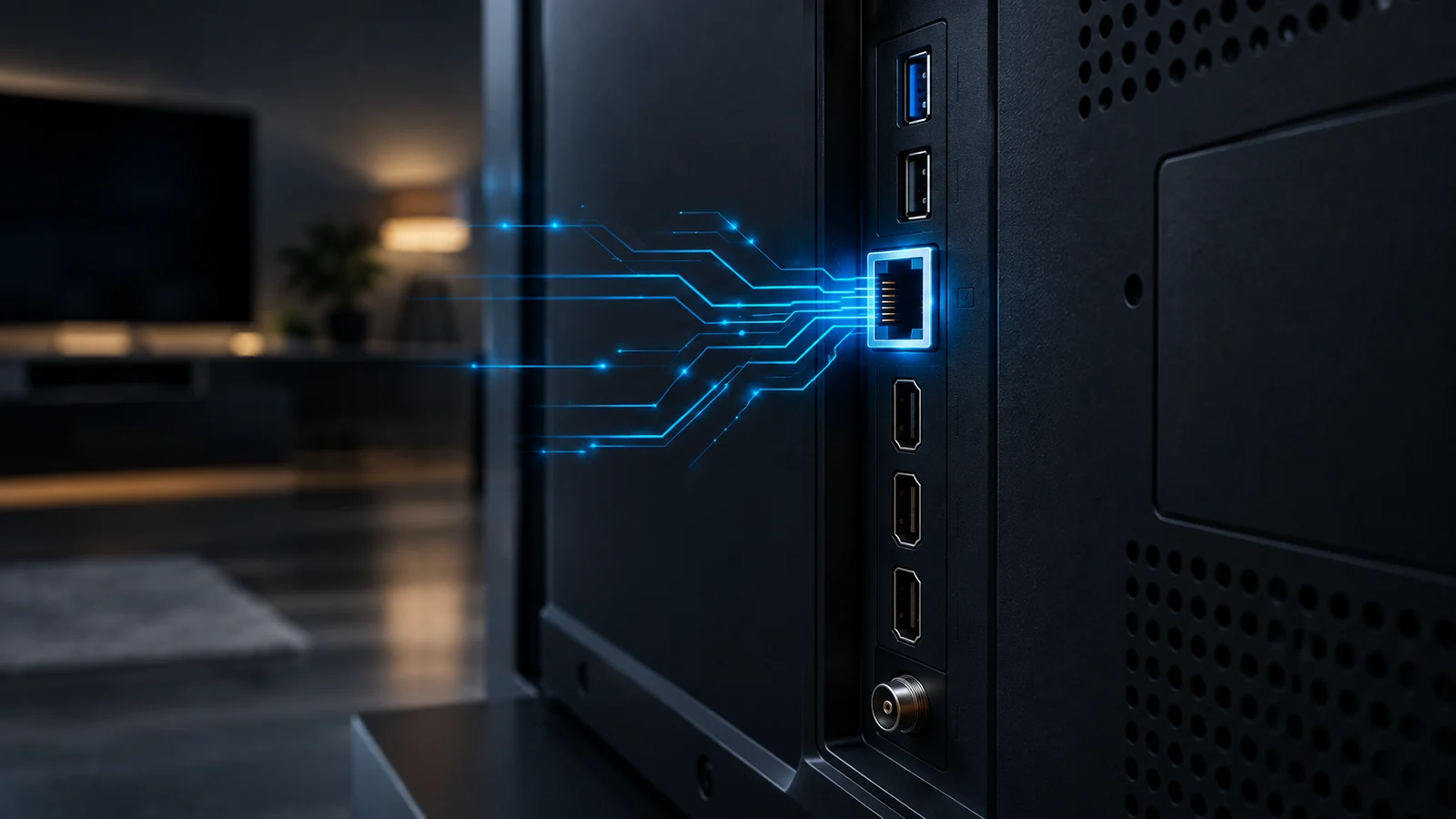 Traseira de um televisor ligado à rede: fluxos de dados luminosos saem da porta de rede, ao lado das entradas HDMI