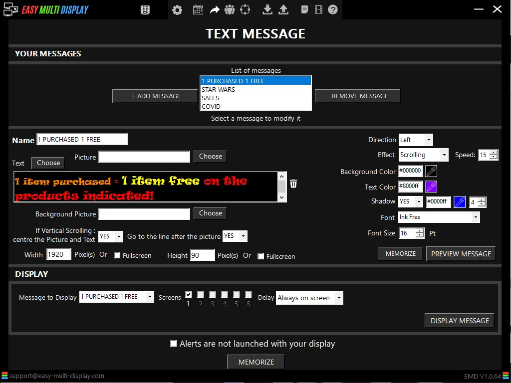 The text message configuration window
